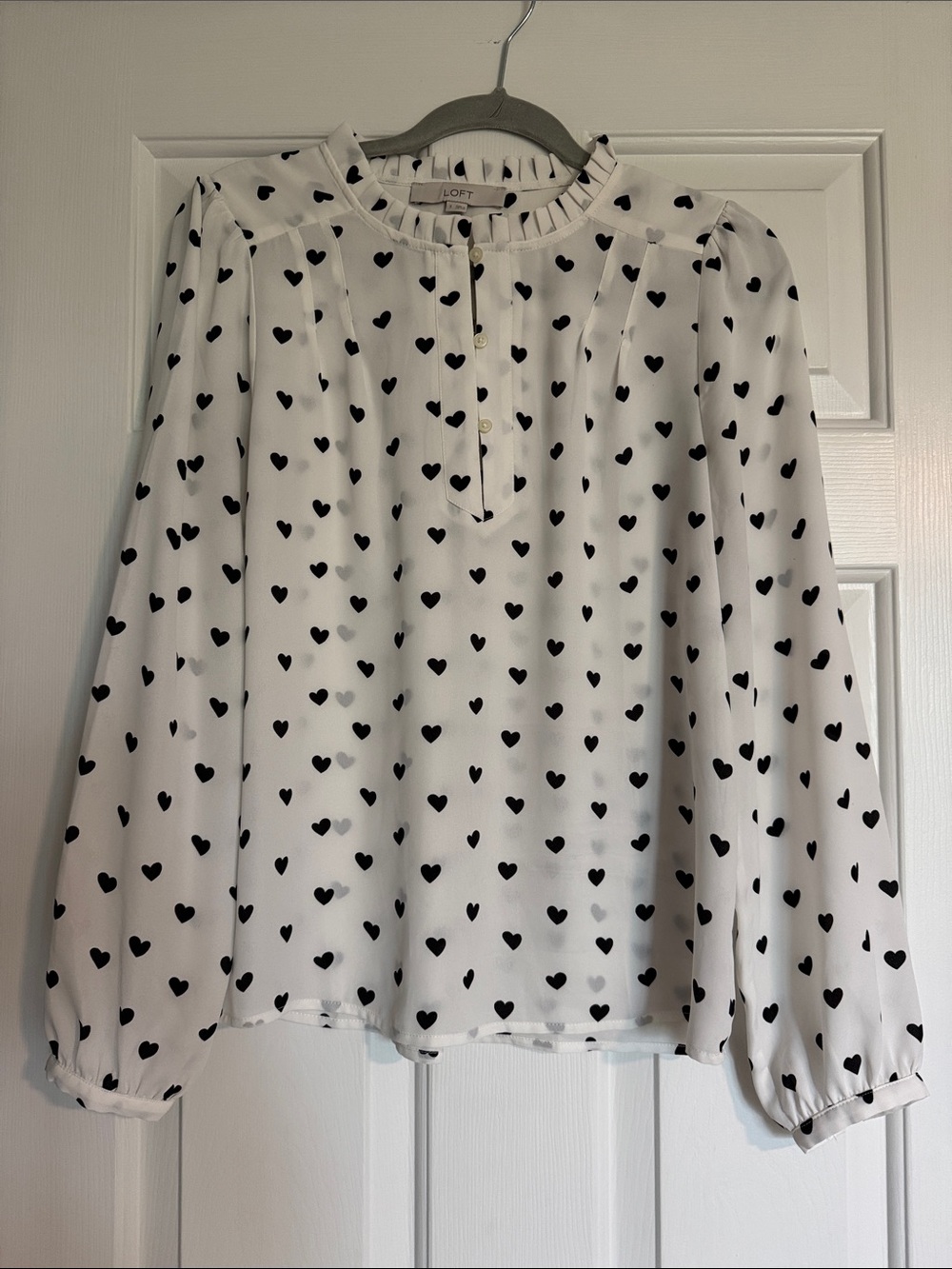LOFT White Blouse with Black Heart Print and Ruffle Neck